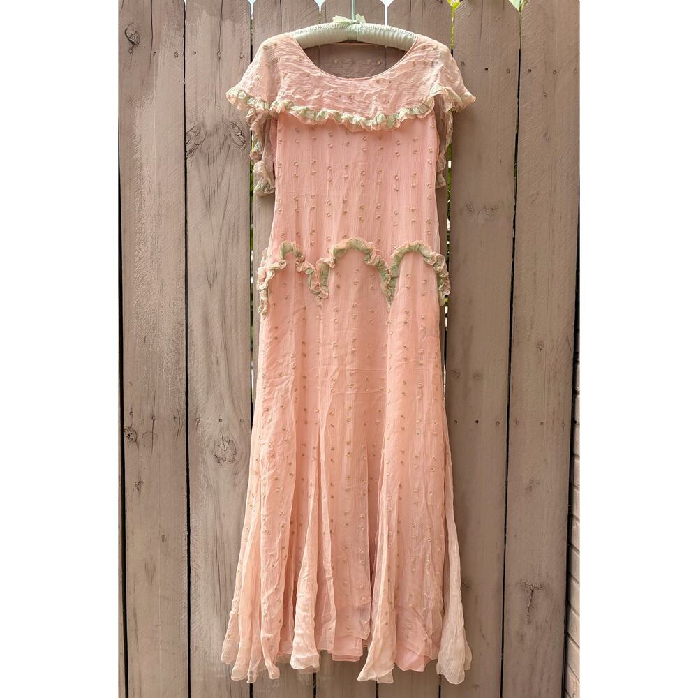 Vintage Pink Silk Swiss Dot Ruffle Maxi Dress | Cottagecore Fairycore Romantic